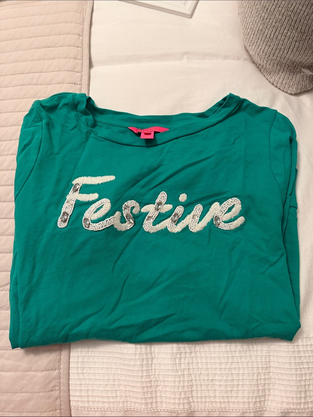Lilly Pulitzer Teal 'Festive' Sequin Script Crewneck Sweater